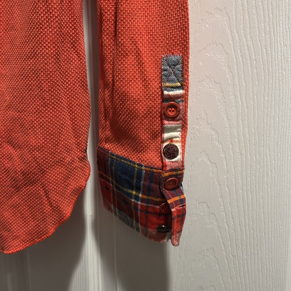 Free People Women's Orange Long Sleeve light thermal Top with Plaid Cuffs - Picture 5 of 5